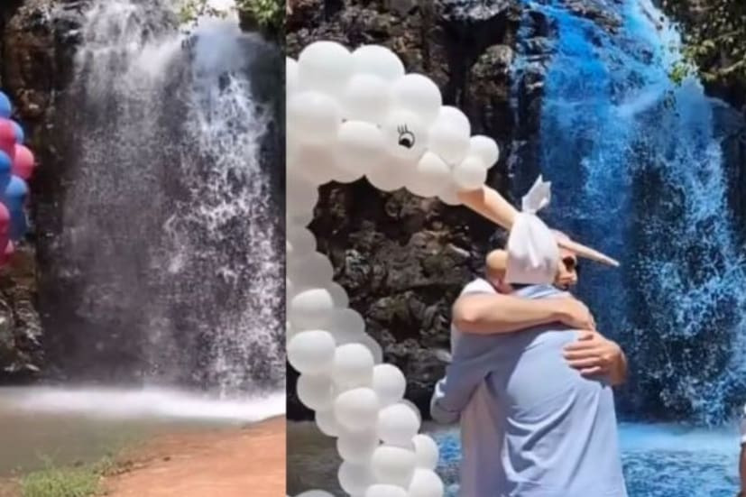 Casal que tingiu cachoeira de azul para chá de revelação é multado por infração
