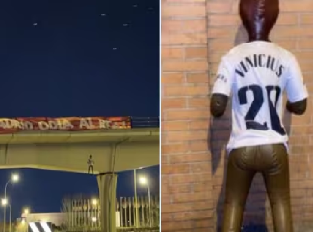 Torcida do Atlético de Madrid simula "enforcamento de Vini Jr." antes de clássico contra o Real