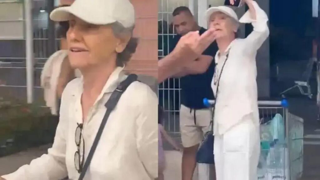 Cássia Kis causa polêmica em mercado com jovens de biquíni